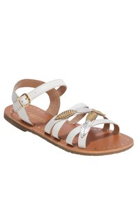 Sandal in pelle bianca con multiple cinghie, caratterizzata da un accento in motivo foglia d'oro. Soletta marrone con superficie testurizzata e suola in gomma di color beige chiaro.