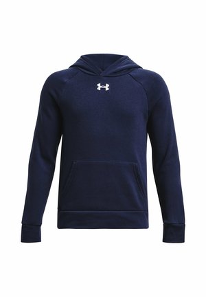 Navyblå langærmet hættetrøje med forlommekangurulomme og hvidt Under Armour-logo centreret på brystet.