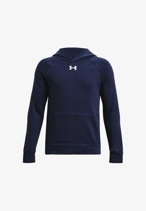 Tamsiai mėlynas ilgarankoviai gobtuvas su priekiu kengūros kišene ir baltu Under Armour logotipu krūtinės viduryje.