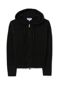 Felpa nera con cappuccio realizzata in materiale morbido, dotata di chiusura frontale con zip completa, maniche lunghe e orlo e polsini a costine. Senza ulteriori decorazioni.