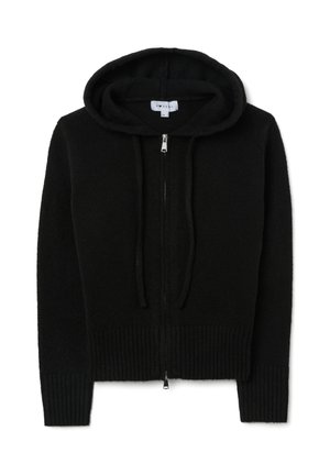 Zwarte hoodie gemaakt van zachte stof, met een volledige ritssluiting aan de voorkant, lange mouwen en ribgebreide boorden en manchetten. Geen extra versieringen.