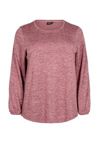 Maglione donna a maniche lunghe, collo a giro, in tessuto a maglia testurizzata di colore rosa tenue, vestibilità comoda con leggera elasticità ai polsi.