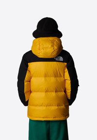 Giacca a vento giallo e nero, dotata di cappuccio, con texture trapuntata e logo sul retro. Indossata con pantaloni verdi.