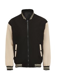 Zwarte bomberjack met beige mouwen, ribgebreide kraag en cuffs, voorrits en twee zijzakken met drukknoopsluitingen.