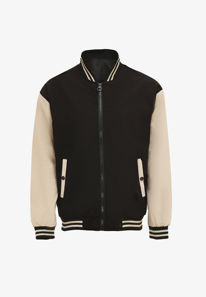 Černá bomber bunda s béžovými rukávy, vroubkovaným límcem a manžetami, předním zipem a dvěma bočními kapsami na cvoky.