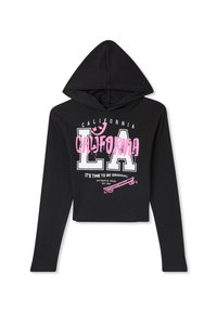 Cappuccio corto nero con un logo frontale che leggere "LA" e "CALIFORNIA" in stampa bianca e rosa. Presenta un cappuccio con cordino e maniche lunghe.