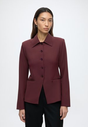 Woman with long dark hair wearing a buttoned, dark red tailored blazer and black pants against a plain white background.