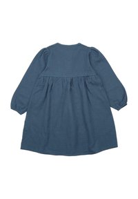 Blue long-sleeve dress made of textured fabric, featuring a gathered waist and rounded neckline, with elastic cuffs on sleeves.