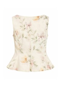 Top corset sans manches de couleur crème avec un imprimé floral subtil rose, jaune et vert et un ourlet évasé en bas.