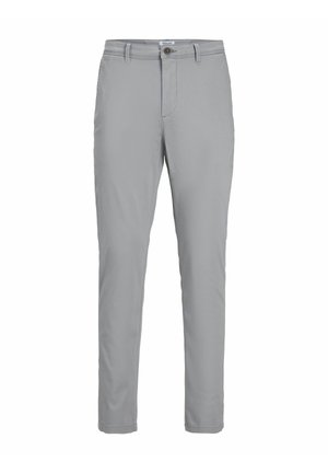 Lichtgrijze broek met een slim fit, gemaakt van een gladde stof. Beschikt over een voorsprong met knoop en ritssluiting en standaard riemlussen.