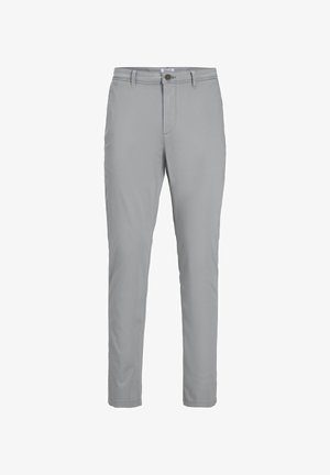 Pantalons gris clair avec une coupe slim, fabriqués dans un tissu lisse. Présentent un bouton à l'avant avec une fermeture éclair et des passants de ceinture standards.