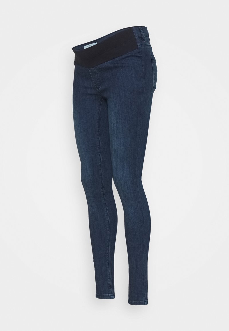 Mörkblå slim-fit jeans med en mjuk svart elastisk linning. Har ett slätt, stretchigt denimtyg med minimala sömnadsdetaljer.