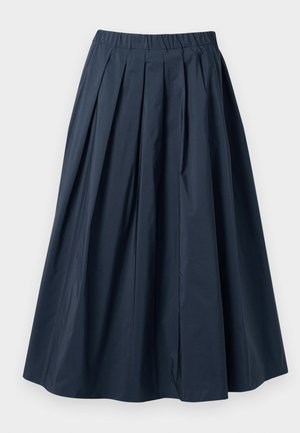 Jupe plissée bleu marine avec une taille élastique, fabriquée en tissu léger ; présente une silhouette ample et fluide ainsi qu'une texture lisse.