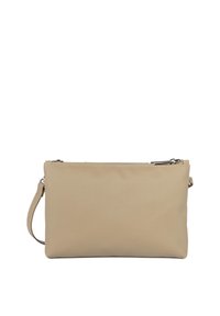 Borsa clutch sintetica beige con una texture liscia, forma rettangolare e una tracolla rimovibile. Presenta una chiusura con zip nella parte superiore.