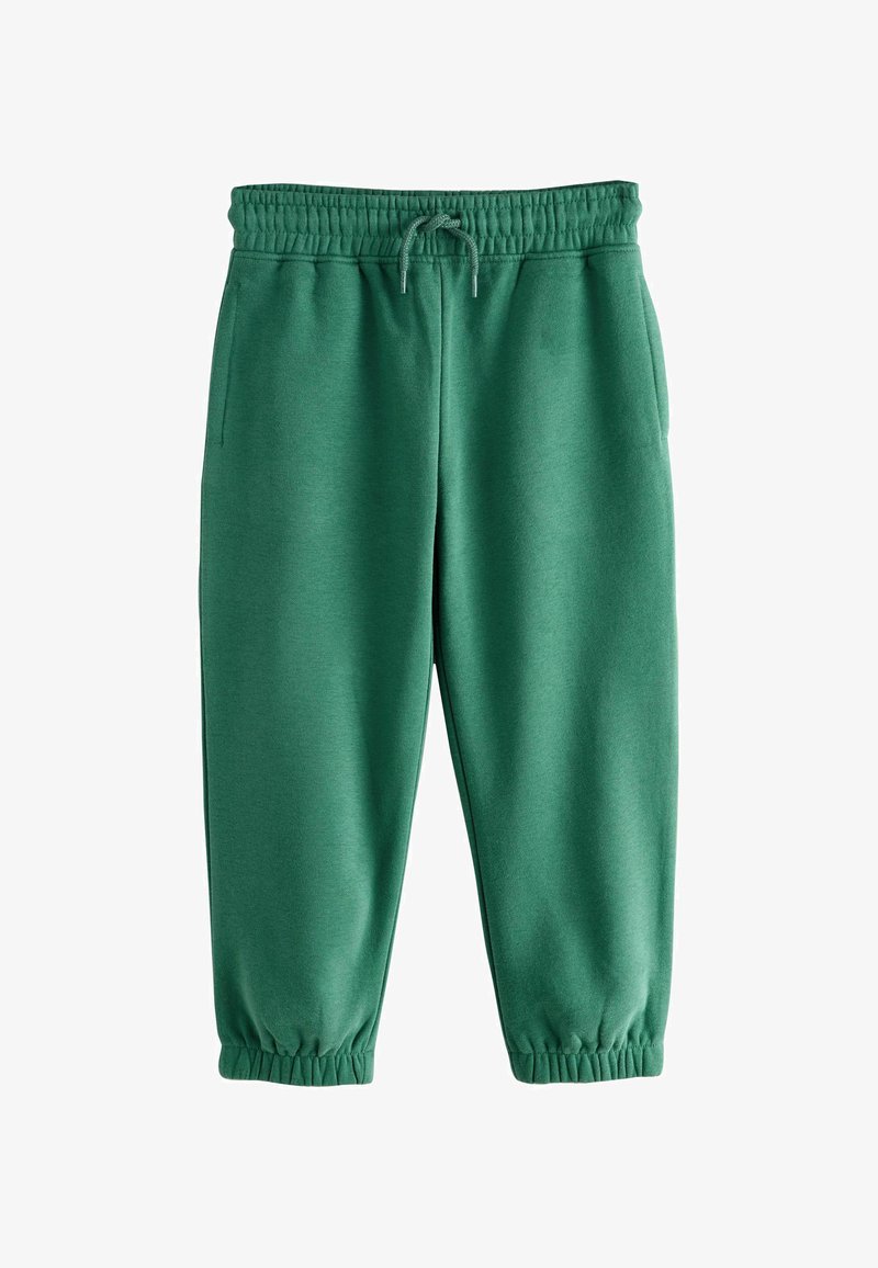 Pantaloni della tuta verdi con vita elasticizzata, cordoncino e polsini elasticizzati; realizzati in tessuto morbido, dotati di due tasche laterali.