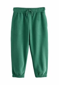 Pantaloni de trening verzi cu talie elastică, șnur și manșete elastice; fabricați dintr-un material moale, având două buzunare laterale.