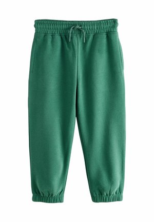 Gröna sweatpants med elastisk midja, snörning och elastiska muddar; tillverkade av mjukt material, med två sidfickor.