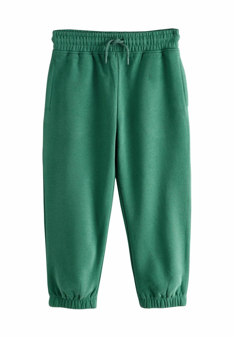 Pantaloni de trening verzi cu talie elastică, șnur și manșete elastice; fabricați dintr-un material moale, având două buzunare laterale.