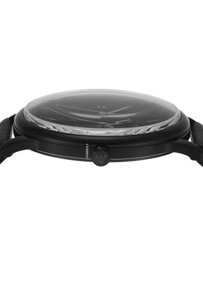 Reloj negro con caja redonda, cristal liso y correa de cuero. Presenta manecillas de hora y minuto simples, diseño minimalista y una corona.