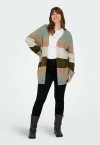 Adīts kardigāns ar plašām horizontālām svītrām tirkīza, brūnā, bēšā un olīvu krāsā. Atvērta priekšpuse, ribotas piedurknes, valkāts virs baltas krekla ar melnām biksēm.