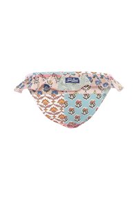 Mutande bikini con motivo floreale e bordi arricciati; presenta una combinazione di colori pastello, tra cui rosa e blu, e un'etichetta con logo sul retro.