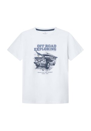 Camiseta de algodón blanca con un gráfico de un vehículo todoterreno y el texto "EXPLORACIÓN OFF ROAD" en azul marino. Con mangas cortas y cuello redondo.