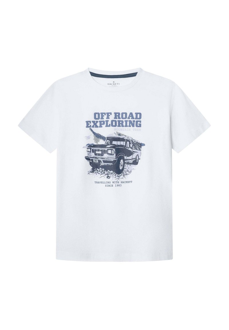 Camiseta de algodón blanca con un gráfico de un vehículo todoterreno y el texto "EXPLORACIÓN OFF ROAD" en azul marino. Con mangas cortas y cuello redondo.