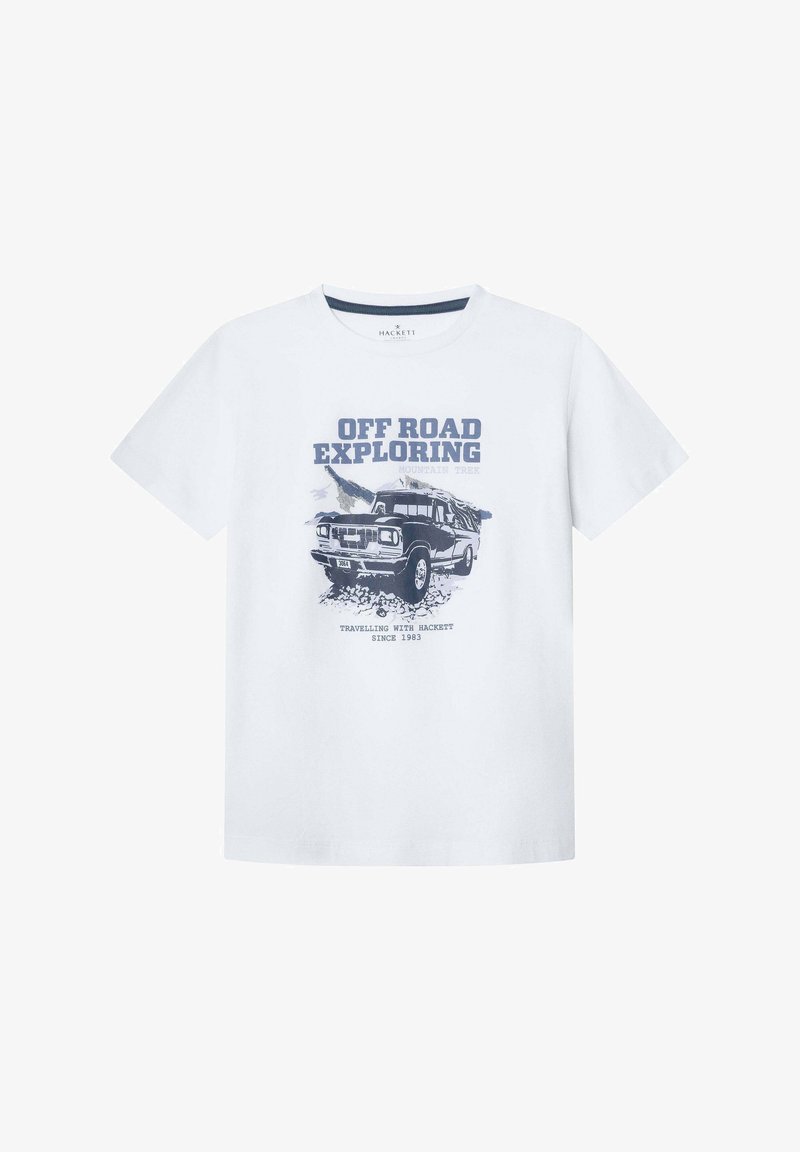 Camiseta de algodón blanca con un gráfico de un vehículo todoterreno y el texto "EXPLORACIÓN OFF ROAD" en azul marino. Con mangas cortas y cuello redondo.