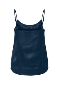Marineblå satin cami med tynde justerbare stropper og en blondebesat udskæring. Glat tekstur med en let buet kant.