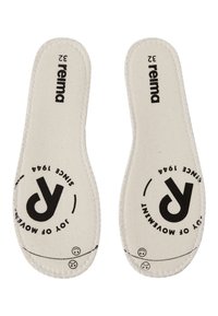 Une paire de semelles en tissu beige avec le logo « reima » en noir, taille 32, et un texte circulaire indiquant « La joie du mouvement depuis 1944 ». 