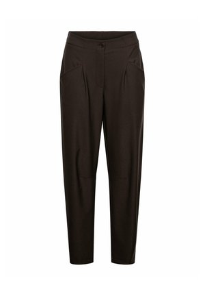 Donkerbruine, op maat gemaakte broek met knoop- en ritsluiting aan de voorkant, zijzakken en taps toelopende rechte pijpen.