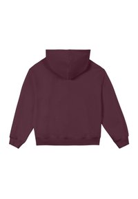 Sudadera con capucha color burdeos de corte relajado, que cuenta con mangas largas, un bolsillo de parche en la parte frontal y puños y dobladillo acanalados. Textura suave.