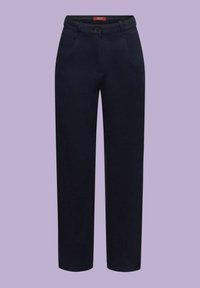 Marinblå byxor med rak benform, med knäppning fram, två framfickor och en slät tygtextur.