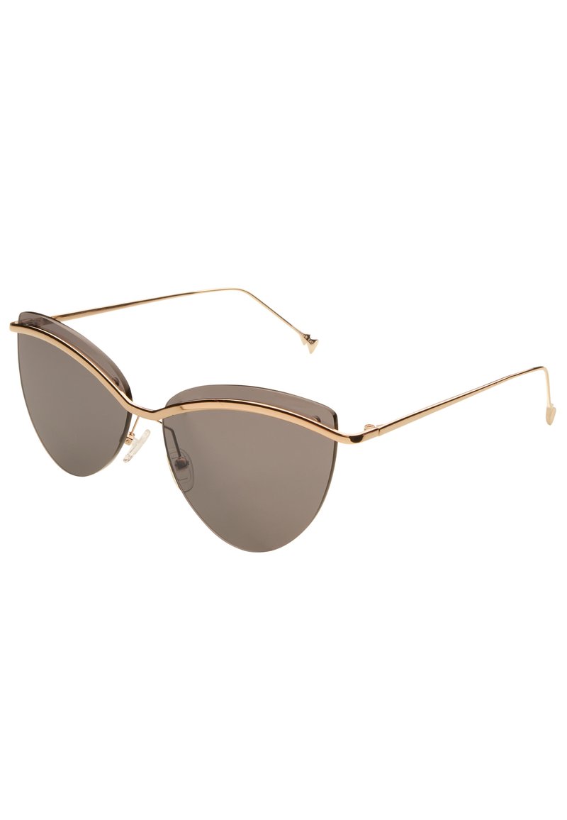 Sunglasses u obliku mačjih očiju s tamnosivim lećama i tankim zlatnim metalnim okvirom. Imaju zaobljene linije i jastučiće za nos radi udobnosti.