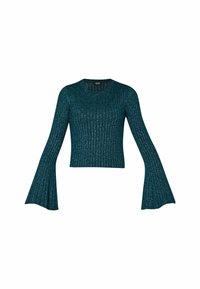 Türkiser, gerippter Strickoberteil mit langen, ausgestellten Ärmeln, das eine glitzernde Textur und einen runden Halsausschnitt aufweist; die Passform ist am Körper enganliegend.
