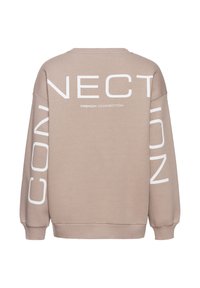 Beige sweatshirt met grote witte tekst "CONNECTION" op de achterkant en de mouwen. Gemaakt van zacht materiaal met ribbels aan de manchetten en de onderkant.