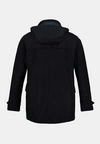 Schwarz-hooded Mantel aus strukturiertem Stoff, mit einem gefütterten Innenbereich, zwei Seitentaschen und einem klaren, minimalistischen Design.