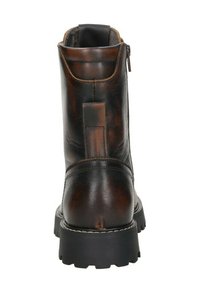 Bruine leren enkelboot met een gestructureerde afwerking, achterste ritssluiting en contrasterende stiksels op een robuuste zwarte zool.
