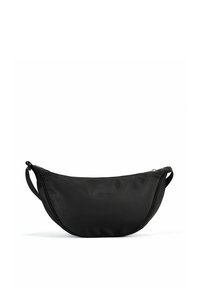 Czarna nylonowa torba o zaokrąglonym kształcie, z górnym zamkiem błyskawicznym i krótkim uchwytem. Gładka tekstura, odpowiednia do codziennego użytku.