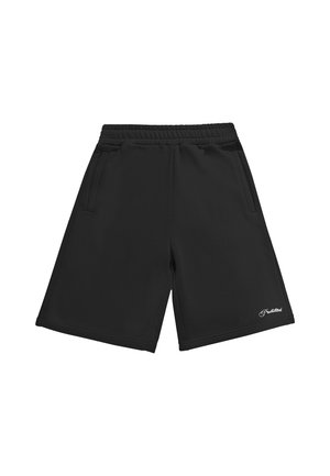 Čierne bežné šortky s elastickým pásom, bočnými vreckami a malým bielym logom na spodnej ľavej nohe.