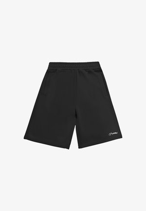 Pantalones cortos casuales negros con cintura elástica, bolsillos laterales y pequeño texto de logo blanco en la parte inferior de la pierna izquierda.
