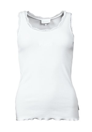 Weißes, geripptes ärmelloses Tanktop mit Spitzenbesatz am Ausschnitt und an den Armausschnitten, mit einem leicht gerafften Saum.