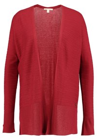 Czerwony kardigan z otwartym przodem, teksturowanymi paskami, długimi rękawami i luźnym krojem. Posiada mały akcent z logo na dolnej prawej stronie.