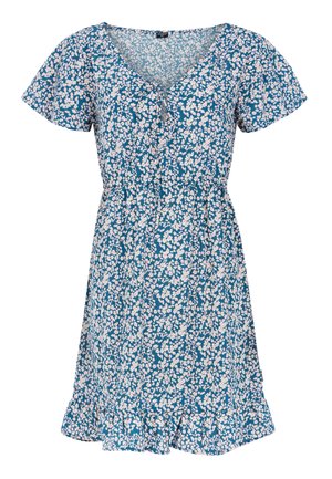Blaues Kleid mit kurzen Ärmeln, mit einem floralen Muster in Rosa und Weiß, V-Ausschnitt und einem gesmokten Saum. Hergestellt aus leichtem Stoff.