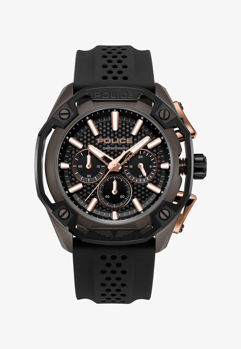 Juodo ir rožinio aukso spalvos kronografinis laikrodis su tekstūruotu ciferblatu, trimis subciferblatais, šviečiančiomis rodyklėmis ir perforuota juoda silikonine apyranke.