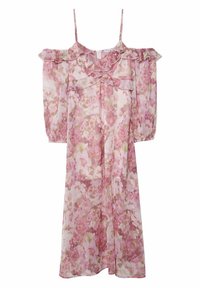 Vestido floral hecho de tela ligera y transparente, con mangas descubiertas, acentos con volantes y una paleta de colores en rosa y crema.