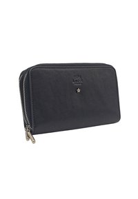 Portefeuille en cuir noir avec une texture lisse, featuring un accent en étoile argentée, une fermeture éclair et un logo de marque embossé sur le devant.