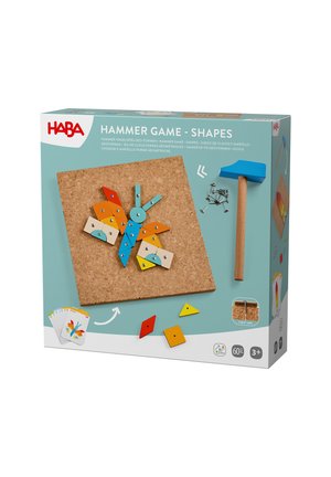 Children's hammer game with colorful geometric shapes, nails, wooden hammer, and corkboard for shape assembly, suitable for ages 3 and up.