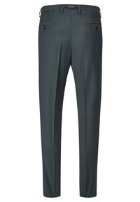 Maßgeschneiderte Hosen aus dunkelgrünem Stoff, mit elegantem Design, flachem Bund, zwei Gesäßtaschen mit Knöpfen und taillierter Passform.