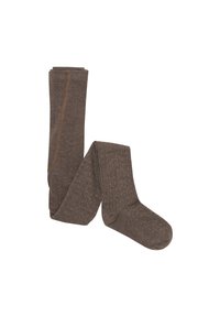 Brune teksturerede strømpebukser med et ribbet design, der har en let glans og en glat overflade, foldet og præsenteret i en afslappet, løs opstilling.